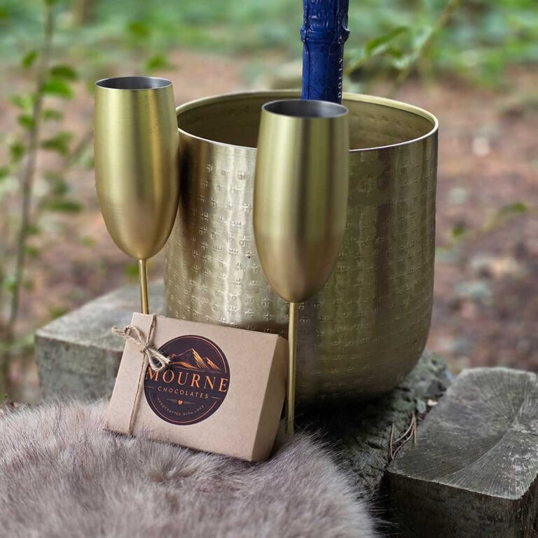 Prosecco glasses and Mourne Chocolates in Ballyburren's woodland setting